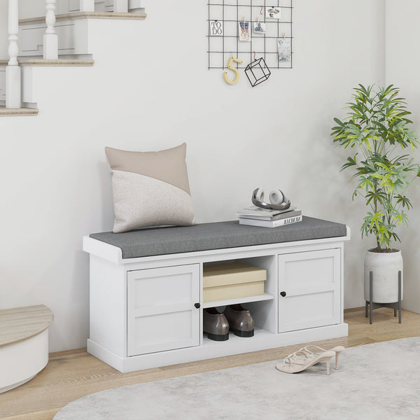 English Elm Homcom Entryway Storage Bench Padded Linen Seat Dual Cabinets White Mdf Hallway W2225P485617