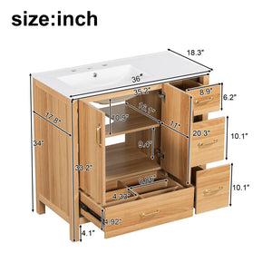 English Elm 36" Wood Bathroom Vanity Cabinet with Solid Frame, Ceramic Sink, Soft-Close Doors & Organized Drawers N729P321351N