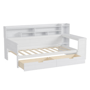 English Elm Wooden Twin Daybed with Built-In Desk, Side Shelves and Dual Drawers for Smart Space Saving Antique White 54.9 L x 18.75 W x 5.6 H N733S241484K
