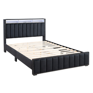 English Elm Contemporary Full Bedroom Set Channel Tufted Upholstered Bed with Led and Nightstands Black B2741S00774