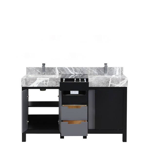 English Elm Black Double Bath Vanity 55" With Castle Grey Marble Top, Chrome Faucet & Smart Storage Solutions B2731P261100