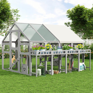English Elm Large Walk-in Pine Wood Catio Enclosure with Platforms Resting Boxes and Planter Grey N704G201619E