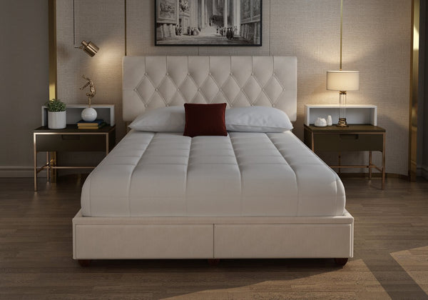 English Elm King Upholstered Storage Bed with 2 Spacious Drawers, Sleek Polyester Fabric, Modern Platform Design Light beige 82 L x 26.75 W x 16.75 H B2699P293585