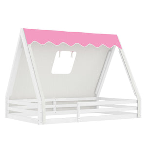 English Elm Twin Montessori Floor Bed Solid Pine Teepee Frame with Guardrails and Canopy Light White+Pink W1580P369467