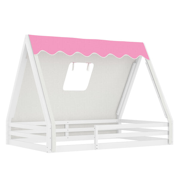 English Elm Twin Montessori Floor Bed Solid Pine Teepee Frame with Guardrails and Canopy Light White+Pink W1580P369467