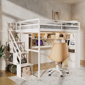 English Elm Full Loft Bed with Integrated Wardrobe Desk Shelving and Led Lighting for Teen Rooms Beige LT000927AAA