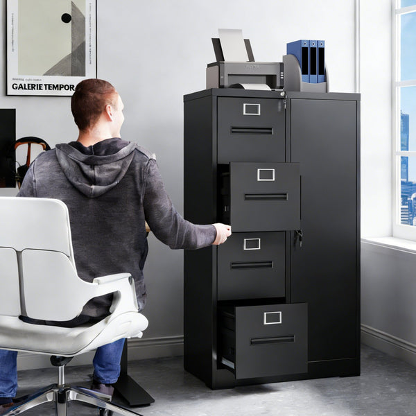 English Elm Metal Four Drawer Filing Cabinet with Lock Steel Storage for Home Office Bedroom Black W2735P457274
