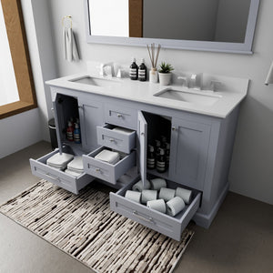 English Elm Dark Grey Double Bath Vanity With White Quartz Top, Spacious Storage, And Large 58" Mirror Included B2731S00657