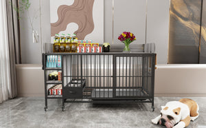 English Elm Large Iron Mdf Pet Enclosure with Storage Cabinet Rolling Casters and Steel Feeding Basins W3064P245385