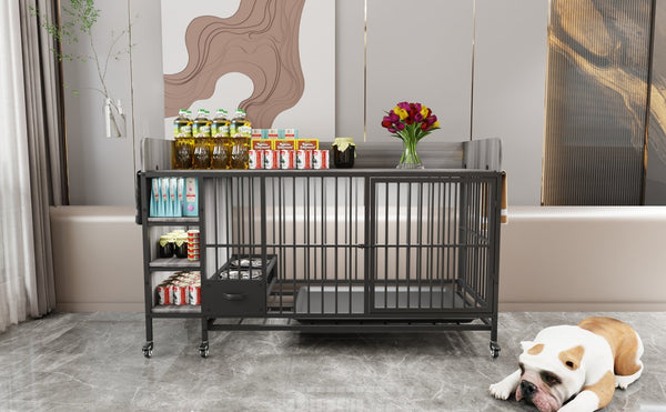 English Elm Large Iron Mdf Pet Enclosure with Storage Cabinet Rolling Casters and Steel Feeding Basins W3064P245385