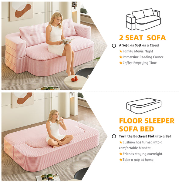 English Elm 78.7" Plush Corduroy Convertible Sleeper Sofa with Tufted Back and Foldable Floor Bed Baby Pink W3219P410144
