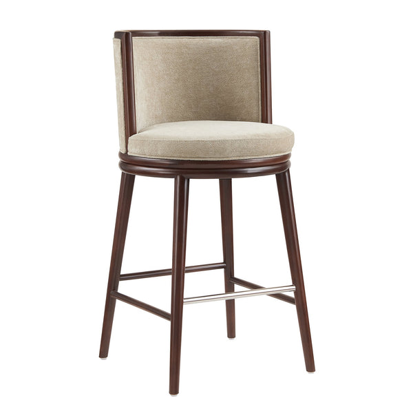 English Elm Evalyn Natural Textured Chenille Barstool — Round Padded Seat, Beech Wood Frame, Footrest, Commercial Grade B365P398037