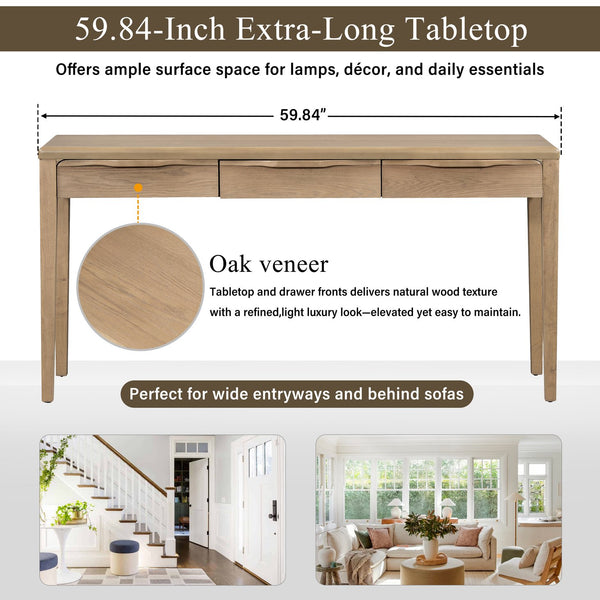 English Elm U_style Oak Veneer Console Table with Three Wave Drawers for Entryway or Foyer Natural N711P401926N