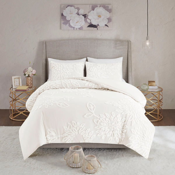 JLA Home Madison Park - 3 Tufted Cotton Chenille Floral Comforter Set — Shabby Chic Hypoallergenic Machine-Washable Bedding 90 L x 90 W x 1.5H MP10-7823