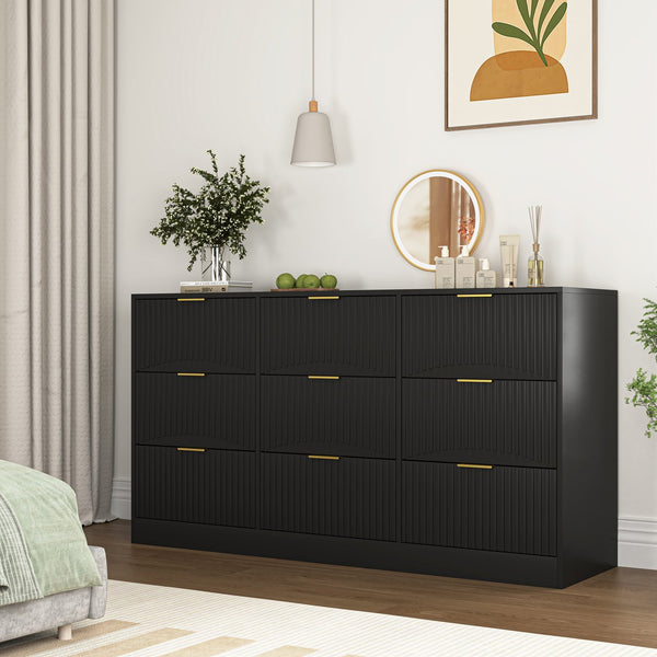 English Elm Black Nine Drawer Wide Dresser Matte Wood Chest with Wavy Relief Panels Bedroom Storage Black W409P307541