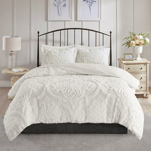 English Elm Full/Queen Viola 3-Piece Tufted Cotton Chenille Damask Duvet Cover Set – Shabby Chic, OEKO-TEX Certified, Button Closure, Easy Care B03597340