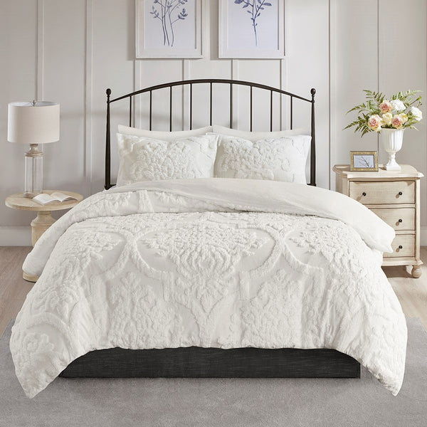 English Elm Full/Queen Viola 3-Piece Tufted Cotton Chenille Damask Duvet Cover Set – Shabby Chic, OEKO-TEX Certified, Button Closure, Easy Care B03597340