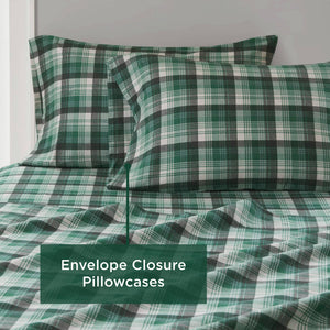 English Elm 4 Pcs Cal King Flannel Sheet Set - Cozy Green Plaid Bedding For Warmth & Timeless Style B035P319785