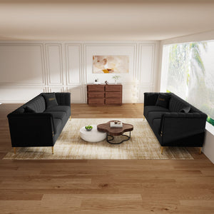 English Elm FX-P82-2PC Velvet Sofa Set of 2 — Plush Tufted 3-Seater Couches with Gold Metal Legs for Stylish Homes Black W576S00241