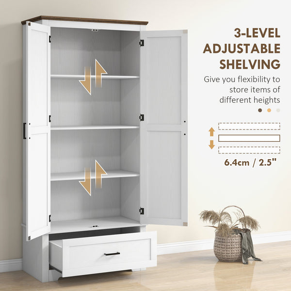 English Elm HOMCOM 67" Freestanding Kitchen Pantry Cabinet with 4 Doors, 6-Tier Adjustable Shelves, Rustic Charm Cream White W2225P249924