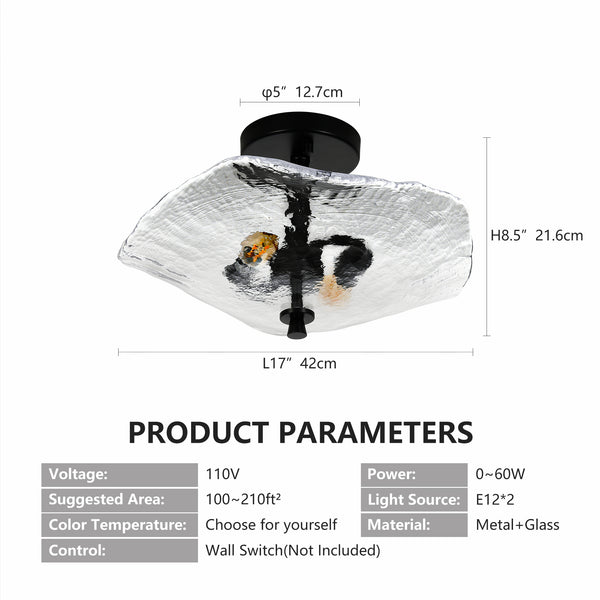 English Elm Ceiling Modern Semi-Flush Mount Light with Water Ripple Glass Shade, Black LED Fixture for Hallway W1340P316453