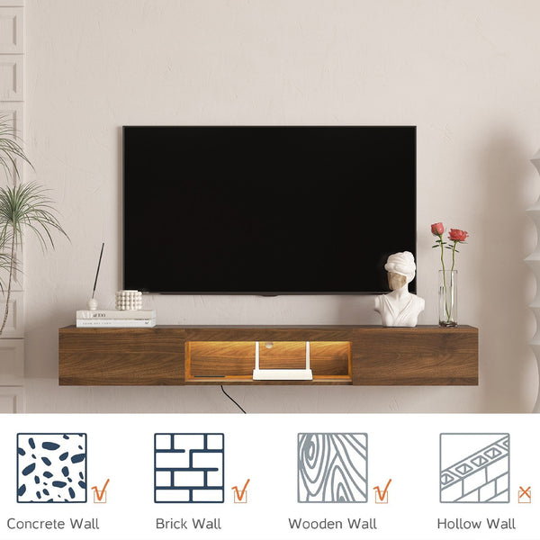 English Elm Floating TV Stand Wall Mounted 63" Modern Wood Floating TV Cabinet with 16-Color LEDs, Cable Management, Large Storage and Easy Install W1321P330270