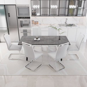 English Elm 55.12-70.87" Expandable Square Dining Set Seats Six with Cushioned Faux Leather Chairs Grey+White W2189S00907