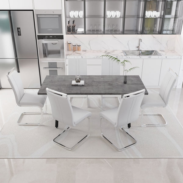 English Elm 55.12-70.87" Expandable Square Dining Set Seats Six with Cushioned Faux Leather Chairs Grey+White W2189S00907