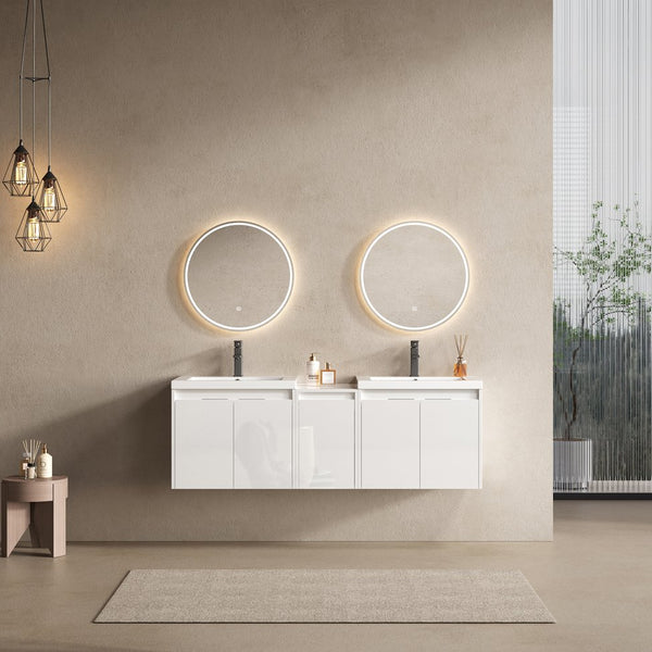 English Elm 60" Modern Wall-Mounted Bathroom Vanity with Resin Sink, Soft-Close Doors, Side Cabinet, Glossy White W999S00423