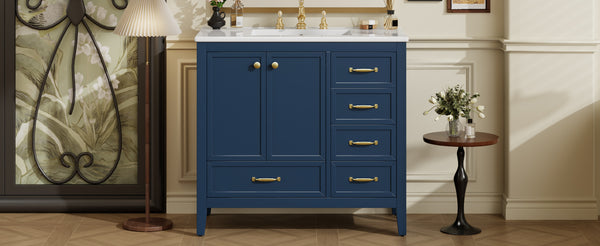 English Elm Christopher Knight Home® - 36" Vintage-inspired Bathroom Vanity with Ceramic Sink, Solid Wood Frame, Soft-Close Drawers, Spacious Storage Blue N759P293646C