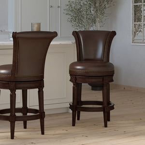 English Elm 26in. Solid Wood High-back Swivel Barstool Faux Leather Seat Nail Head Trim B2751P436428