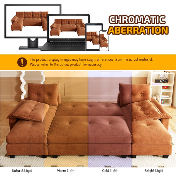 English Elm 104.7" U-Shaped Sleeper Sofa with Pull-Out Bed, Convertible Modular Sectional with Chaise, USB Ports, Chenille Upholstery Orange W1885S00213