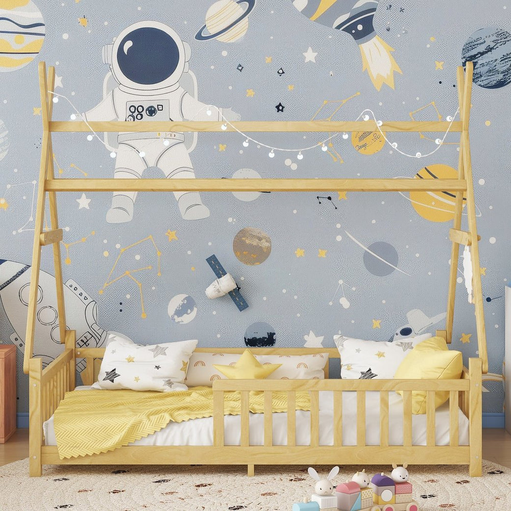 English Elm Twin Montessori Floor Bed House Frame with Led Lighting and Safety Rails for Kids Natural W2593P440573