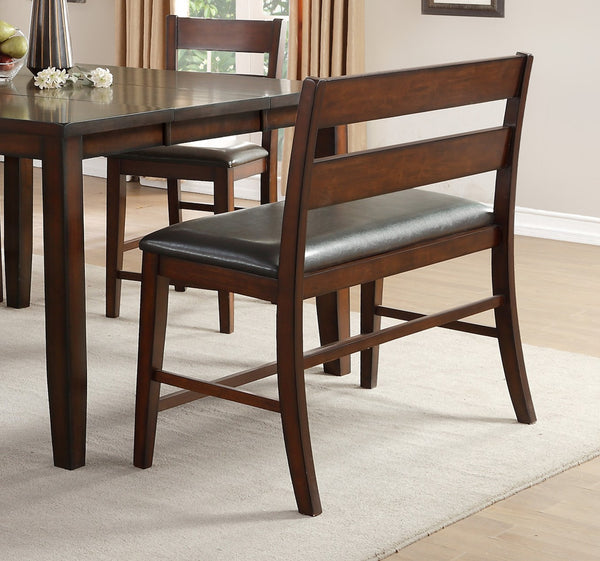 English Elm Transitional Cherry Finish Counter Height Bench with Wood Back and Dark Faux Leather Seat, 44.5" B011P217893