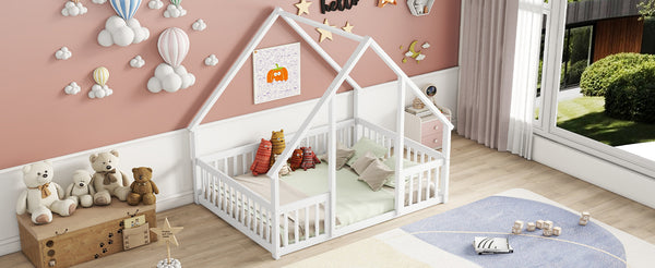 English Elm Full House-Shaped Floor Bed with Fence and Guardrails, Pine Wood Play Loft for Imaginative Kids Retreat White W504P143294