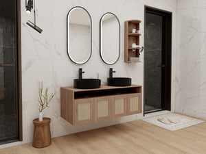 English Elm 48" Floating Bathroom Vanity Oak Finish Dual Ceramic Sinks Four Soft Close Doors W999S00505