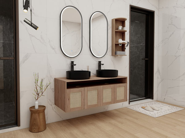 English Elm 48" Floating Bathroom Vanity Oak Finish Dual Ceramic Sinks Four Soft Close Doors W999S00505