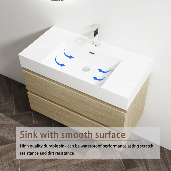English Elm 36" Wall-Mounted Bathroom Vanity With Resin Sink & Soft-Close Drawers For Modern Spaces W999S00198