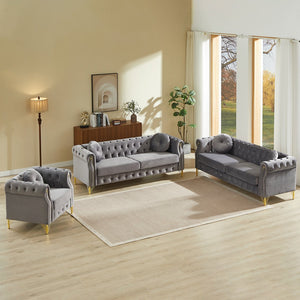English Elm Velvet Chesterfield Tufted Sofa with Copper Stud Trim and Gold Legs for Glam Living Grey W834S00633