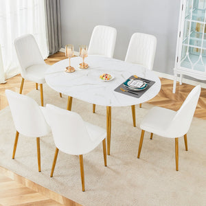 English Elm Table Set Extendable Round Oval Mdf White Gold Legs Six Pu Chairs Modern Dining W1151S03955