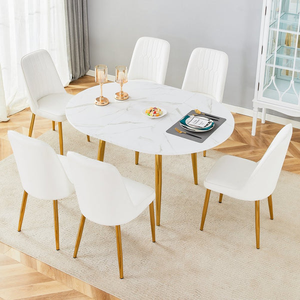 English Elm Table Set Extendable Round Oval Mdf White Gold Legs Six Pu Chairs Modern Dining W1151S03955