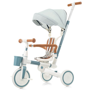 English Elm 7 in 1 Convertible Toddler Tricycle Aluminum Frame Push Trike with Rotating Seat Canopy Blue N726P300636C