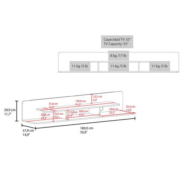 English Elm Dragon Floating TV Stand Wall-Mounted 71" Stained Walnut with Open Shelves Scratch-Resistant Surface B128P387085
