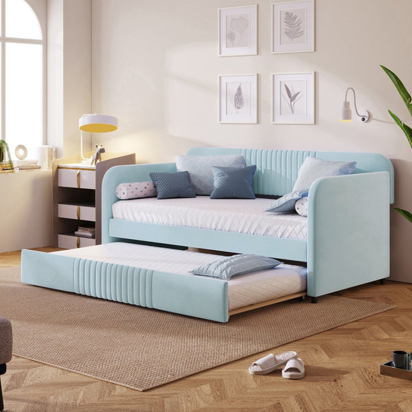 English Elm Upholstered Velvet Twin Daybed with Pull Out Trundle Sofa for Guest or Kids Room LP100127AAC