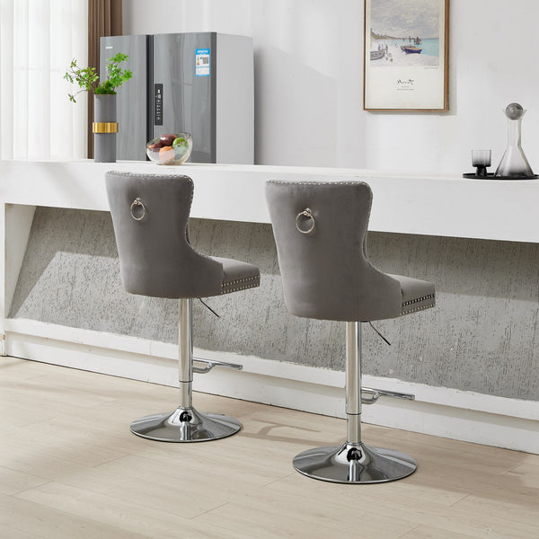 English Elm Thick Velvet Swivel Barstools with 17.7" Chrome Base, Tufted Diamond Pleating, Comfort Foam Seats Gray W1143P335043