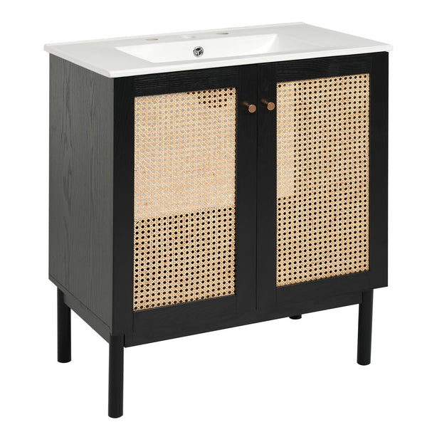 English Elm 30-inch bathroom vanity with handwoven rattan doors, ceramic sink, soft-close hinges, black bamboo elegance N729P285517B