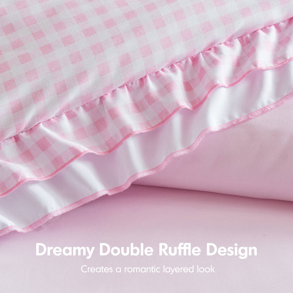English Elm 3-piece Cottage Gingham Comforter Set with Ruffle Trim and Round Throw Pillow Pink B035P463187