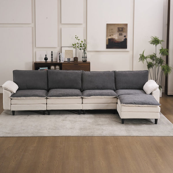 English Elm 129.92" Chenille Cloud Sectional Modular L Shaped Sofa with Ottoman Deep Lounge Seating W5029S00003