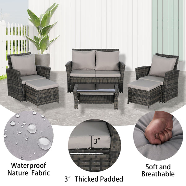 English Elm 6 Piece Outdoor Wicker Sectional with Tempered Glass Table and Weather Resistant Cushions W874P264687