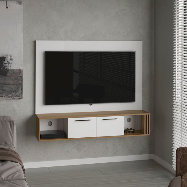 English Elm Entertainment Center White & Natural Oak, 2 Doors 4 Shelves, Compact Modern Engineered Wood Storage Unit B097P296838